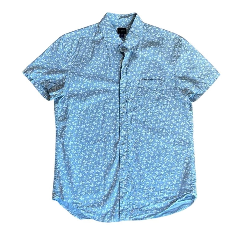 J.Crew Floral Button Front Shirt Mens XL Light Blue Short Sleeve Casual